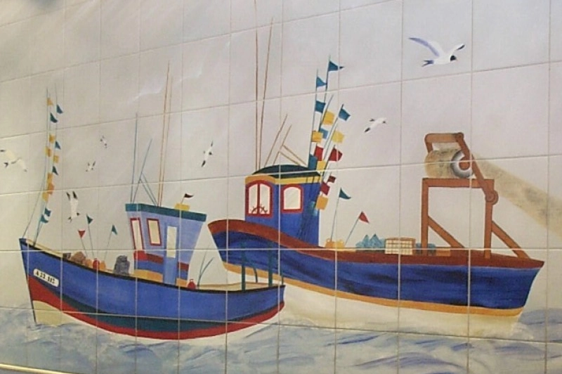 Fresque mural mer et bateau